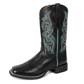 Palitutu Cowboy Boots for Women Square Toe Western Boots Wide Calf Cowgirl Boots Pull On Embroidered Full Grain Leather(PLT203604-6B-Black)