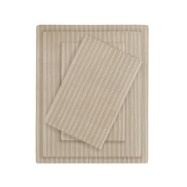 Beautyrest Cotton Sheet Set Cozy Print 100% Cotton Flannel Sheets Warm & Fuzzy Bedding Set, Oversized Sheets, Deep Pocket Fits Up to 16" Mattress Queen Bed Sheets Queen Beige/White Stripes 4 Piece