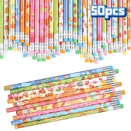 Kesote Pack of 50 Birthday Pencil Bulk 10 Various Patterns Birthday Themed Party Supplies Colorful Pencil with Erasers Birthday Gift for Kids Students Teachers School Prizes