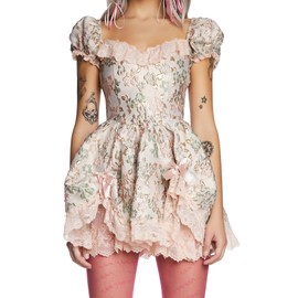 Dolls Kill Tea and Circumstance Brocade Mini Dress by Sugar Thrillz – Elegant Pink Mini Dress with Puffy Sleeves & Bow, Medium