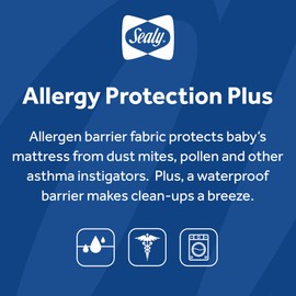 Sealy Allergy Protection Plus Waterproof Fitted Toddler Bed and Baby Crib Mattress Pad Cover Protector, Noiseless, Machine Washable and Dryer Friendly, 52" x 28" - White
