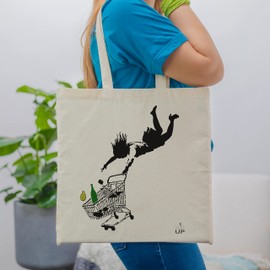 rainUP Tote Bag Banksy Reusable Cotton Shoulder Bag, Shop Till You Drop, Shop Till You Drop