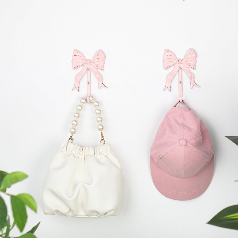CroBlissful 2 Pcs Coquette Iron Pink Bow Hook Home Decorative