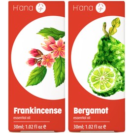 H'ana Frankincense Oil for Skin & Bergamot Oil for Hair Set - 100% Pure Aromatherapy Grade Essential Oils Set - 2x1 fl oz - H'ana