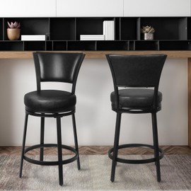 FLYZC Bar Stools, 25 Inch Metal Counter Height Barstools Set of 2, Faux Leather Round 360° Swivel Bar Chairs with Backrest, Modern Swivel Bar Stool for Kitchen Island, Black