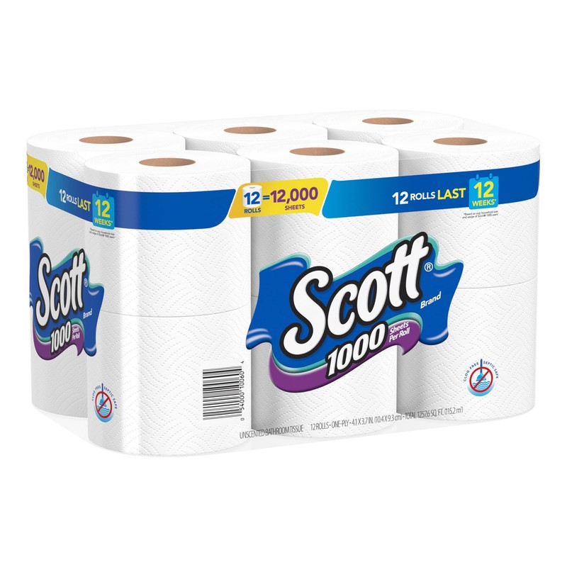 Scott 1000 Sheets Per Roll Toilet Paper, 12 Rolls, Bath