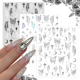 6 Sheet Butterfly Nail Art Stickers Decals,Black Silver Holographic 3D Nail Butterfly Nail Transfer Decal Acrylic Supplies Laser Nail Self-Adhesive Sticker Designs for Women Manicure Tips Decorations