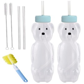 Yeanifeana Paquete 2 vasos paja de oso miel, taza para beber exprimible, botella agua reutilizable grado alimenticio y sin BPA, recipientes de bebidas apoyo para terapia (Azul+Azul)