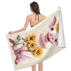 MIEPOS Cute Pig Beach Towel,32x52in,Quick-Dry Sand-Free Animal Bath Towels,Microfiber Lightweight for Travel Pool Yoga Beach Outdoor Activities Decor Accessories Gifts (Pig and Sunflower)