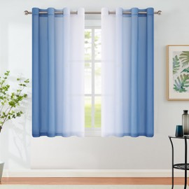 Cortinas transparentes de gasa de 54 pulgadas de largo para recámara o sala de estar, paneles de cortina cortos de gasa semigasa arrugada, con filtro de luz que no se transparenta para lavandería, parte superior con ojales, color azul