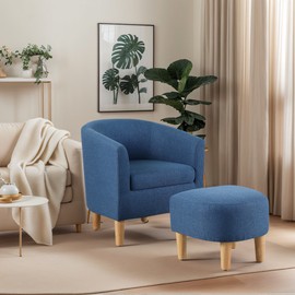 Accent Arm Chair Linen Fabric Upholstered Single Sofa With Ottoman Living Room