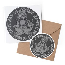 1 x Greeting Card & 10 cm Round Sticker Set - BW - Peace Love Music Hippy Smoker - Birthday Thank You Friend Lover Fan Mum Dad Kids #41947