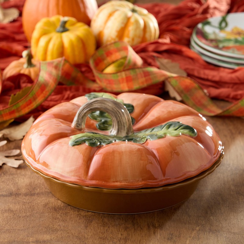 Harvest Fields 3D Pumpkin Covered Pie Carrier – 10.5” Ceramic