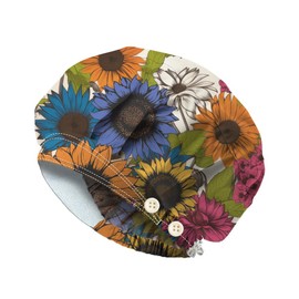 DELORIGIN Bouffant Scrub Caps with 4 Buttons Sunflower Cotton Nurse Scrub Hats with Sweatband Adjustable Surgical Caps Working Caps for Women Men Nursing Cooking Housework Head Cover One Size Fits All