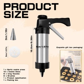 Cookie Press, Cookie Press Gun for Baking, Spritz Cookie Press, Stainless Steel Churros Maker Machine Kit, with 6 Brushes, 13 Cookie Discs, 8 Icing Nozzles, for Cookie Decorating