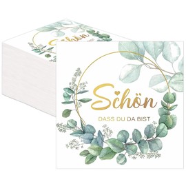 Pack of 80 Serviettes Wedding, Serviettes Schön Dass Du Da Bist, Serviettes Birthday, 3-Layer Napkins Eucalyptus for Weddings, Christenings, Communions, Birthday Parties