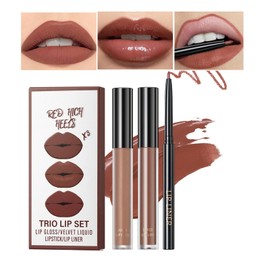 3 Stück Matt Lippenstift Lipgloss Lipliner Langanhaltender Hochpigmentiert Wasserfester Nude Lippenstift 24 Stunden Halt (#05, SET)