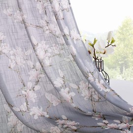 RYB HOME Floral Curtains for Bedroom - Pink White Blossom Pattern Sheer Curtains for Dining Area, Semitranslucent Linen Voile Panels for Foyer Doorway, 2 Pcs, 52 inches x 84 inches, Grey