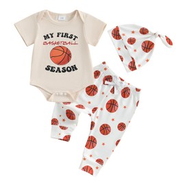 Chloefairy Newborn Baby Boy Basketball Outfit My First Basketball Season Short Sleeve Romper Pants Set Hat Infant Summer Clothes (Khaki, 3-6 Months)