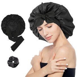 Ainvliya Silk Bonnet, Satin Bonnet, Silk Sleep Bonnets for Women, Hair Bonnet, Hair Bonnet with Tie Band, Adjustable Satin Night Sleeping Cap, Nightcap Bonnet for Curly Hair for Women Black