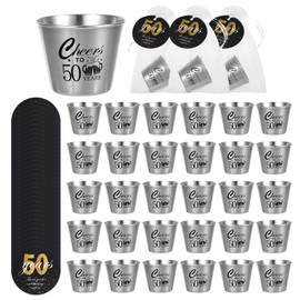 30 Sets 50th Birthday Party Favors for Guests Include Cheers to 50 Years Stainless Steel Shot Glasses Bulk with Thank You Cards and Organza Bags, Souvenirs for Birthday Anniversary