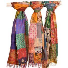 Indian Sari Reversible Kantha Scarf, Colorful Scarf - Assorted Colors."Gorgeous Looks", Patched, 72 X 18 inches