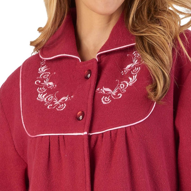 Slenderella Womens Button Up Dressing Gown Boucle Fleece Embroidered Housecoat