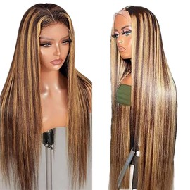 Lakaisa Human Hair Wig Straight 4 x 1 Lace P4/27 Highlight Blonde Glueless Wear and Go Wig Women's Real Hair Bleached Knots Pre Plucked Hairline with Baby Hair for Woman 14 Inches / 35.5 cm