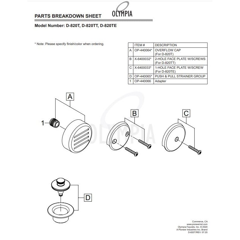 Olympia D-820T-MB Overflow and Waste Drain Trim Kit Matte Black