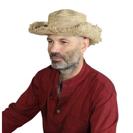 Hemp Sun Hat - Wired Wide Brim Hat for Men and Women - Hippie Sun Hat with Frayed Edges - Farmers hat, Scarecrow Costume (Large Natural)