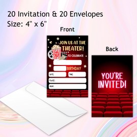 Zodvery Movie Night Birthday Party Invitations Cards - Movie Theater Party Supplies for Kids, Boys or Girls - 20 Fill in Birthday Party Invitations and 20 Envelopes set/49