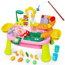 CINDYNAL Water Table for Toddlers, Water Play Table,Play Food,Fishing Game Sensory Toys Summer Toys for Outside Outdoor Backyard (Pink)
