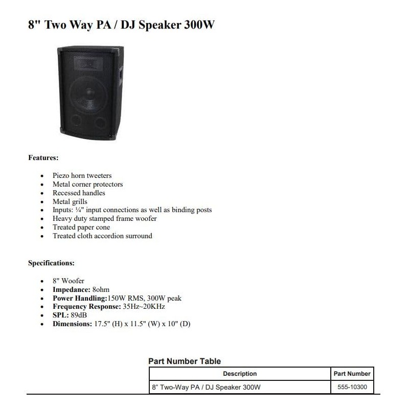 multicomp PRO 8'' Two Way PA/DJ Speaker 100W, 35Hz-20KHz, 8