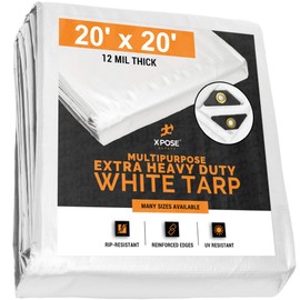 Heavy Duty White Poly Tarp 20' x 20' Multipurpose Protective Cover - Durable, Waterproof, Weather Proof, Rip and Tear Resistant - Extra Thick 12 Mil Polyethylene - by Xpose Safety