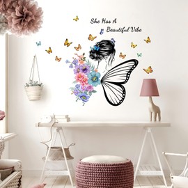 Jemattely Butterfly Girl Wall Decal Large Flower Fairy Wall Sticker Colorful Butterflies Floral Wall Decor DIY Vinyl Mural Art for Girls Baby Nursery Bedroom Playroom Home Decoration