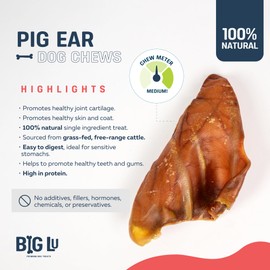 Big Lu – Whole Pig Ears for Dogs, 12 Count, All-Natural Single-Ingredient Pork Treats for Medium and Large Dogs, Easily Digestible, Long-Lasting, Supports Joint Health with Glucosamine and Chondroitin