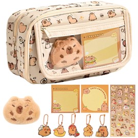 Capybara Pencil Case Multi-Layer School Set with Keychain, Stickers, Brooch, Sticky Notes - Removable 2-in-1 Design, Large Capacity, Stylish Gift for Students & Office