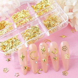 6 Grids Star Nail Charms 3D Gold Stars Moon Nail Art Charms Mix Shape Stars Moon Nail Rhinestones Studs Star Metallic Flat Back Nail Jewelry Nails Art Supplies for Women Acrylic Nail Decoration