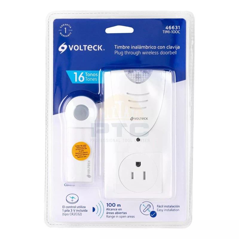 Volteck TIMI-100C Wireless doorbell with plug-in receiver, 1 tone