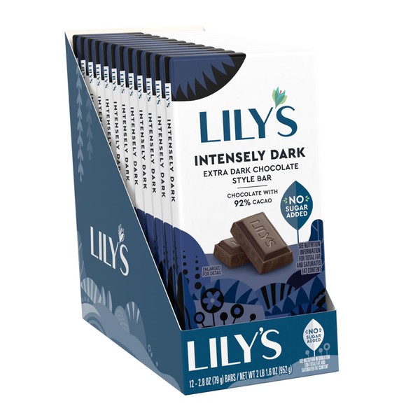 LILY'S Intensely Dark Extra Dark Chocolate Style No Sugar Added, Sweets Bars, 2.8 oz (12 Count)