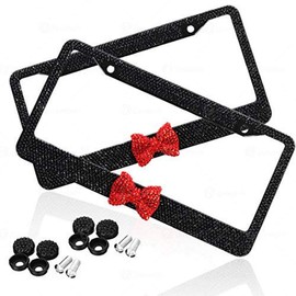 Zone Tech Shiny Bling Unisex License Plate Cover Frame – 2 Pack Crystal Black with Red Ribbon Bow Premium Quality Novelty/License Plate Frame with Crystal Mounting Screws