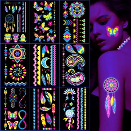 Neon Temporary Tattoo - 120+ Assorted Designs Glow in the Dark Neon Temporary Tattoo, UV Blacklight Neon Glow Fake Tattoos Rave Festival Accessories for Women Party Supplies (Black)