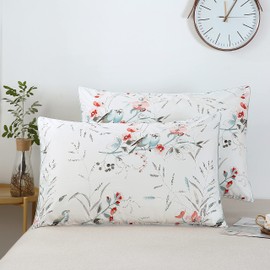 STYHO 100% Egyptian Cotton Floral Printed Pillow Cases 2 Pack Envelope Closure Standard Size Pillow Cover for Hair and Skin Soft Cozy and Breathable(Light Teal,50 x 75cm)