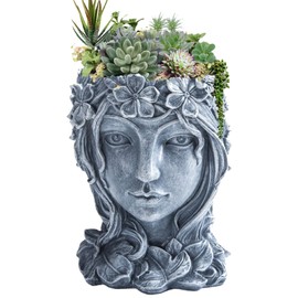 Happy L Face Flower Pot Head Face Planter, Goddess Succulent Pot Cute Resin Planter with Drainage Hole for Indoor Outdoor Plants (A-Grey)