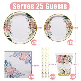 Bymivofun 125-Piece Flower Birthday Tableware Set, for 25 Guests, Flowers Children's Birthday Paper Party Accessories, for Children Girls Themed Party Shower Decoration