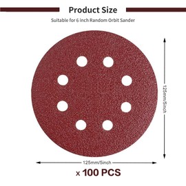 HIUOUIH Sandpaper 125 mm Velcro Pack of 100 Sanding Discs Round Sanding Sheets Grit P100 Random Orbital Sander 8 Holes for Wood and Metal
