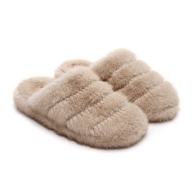 JOJOCOSY Women's Comfort EVA Footbed Scuff Closed- toe Lady's Premium Plush Warm Indoor Mule Slippers (Beige, Large)