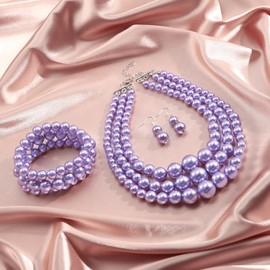 Haysandy 1920s Pearl Necklace for Women Costume Jewelry Set Faux Pearl Necklace Bracelet Earring for Party Wedding Gift(Light Purple)