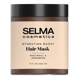Selma Cosmetics Hydration Boost Hair Mask that deeply conditions, fights frizz, and detangles hair. For all hair types. Safe for color treated hair, White