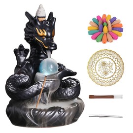 TRYKOJOTIC Dragon Shape Incense Waterfall, Ceramic Backflow Incense Holder, Handmade Waterfall Incense Burner with 20 Backflow Incense Cones + 30 Incense Sticks, Home Office Decor
